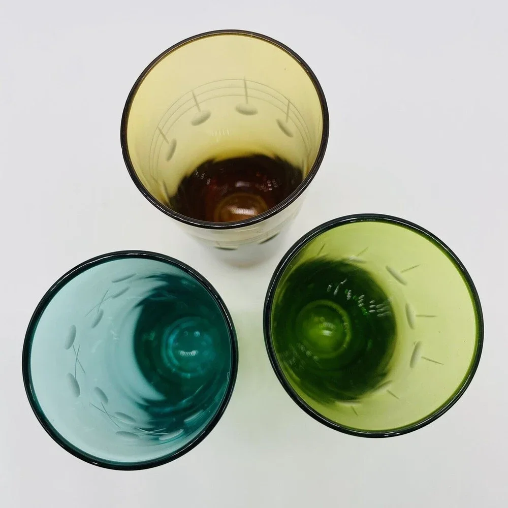 Set of 3 Pier One Etched Multicolor Tall Shot Cordial Liquor Glasses Geometric